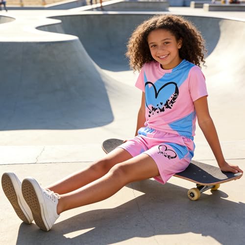 Image of 7-14Y Tween Girl Clothes 2 Piece Short Sleeve Tie Dye Heart Print Top and Shorts Teen Girl Summer Outfits Short Set