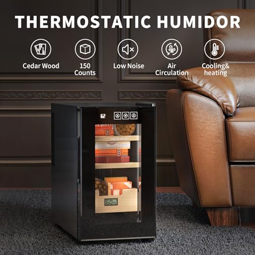 NEEDONE Electric Cigar Humidor 23L with Heating and Cooling Quiet Control System, Thermostatic Cabinet Humidor Box for 150 Counts, Spanish Cedar Wood Shelves & Drawer, Digital Hygrometer, Gift for Men