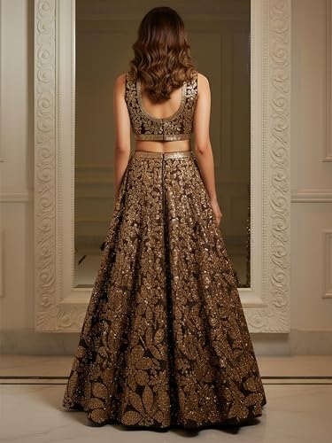 Image of Zeel Clothing Women's Sequins Embroidered Soft Net Lehenga Choli With Dupatta (5106-Brown-Womens-Lehenga-Choli-Latest; Free size) (Brown)