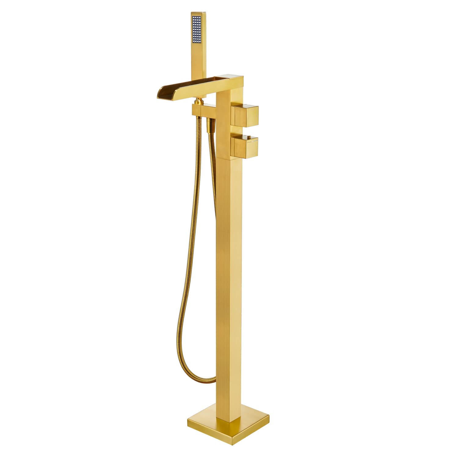 Thermostatic Freestanding Bathtub Faucet Waterfall Tub Filler Brushed Gold Floor Mount Brass Bathroom Faucets with Hand Shower