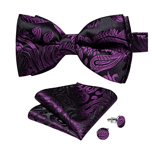 Image of DiBanGu Paisley Pre-Tied Bow Ties for Men Silk Adjustable Bowtie and Pocket Square Cufflinks for Wedding Party