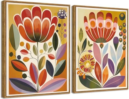 Framed 2pcs Scandinavian Folk Wall Art Nodic Flower Orange Canvas...