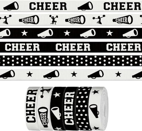 CHMOART Cheer Ribbon for Crafts 3/8 Inch Black White Grosgrain 6 Pcs x 3 Yd