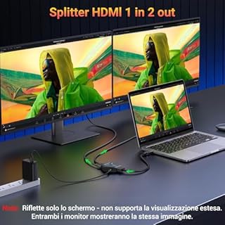 KiWiBiRD splitter HDMI 1 in 2 out, Sdoppiatore HDMI 1 ingresso 2 uscite duplicatore per doppio monitor due schermi estensione 4K 2160p 1440p 1080p HDCP, compatibile con PC Sky Q PS5 PS4 TV box