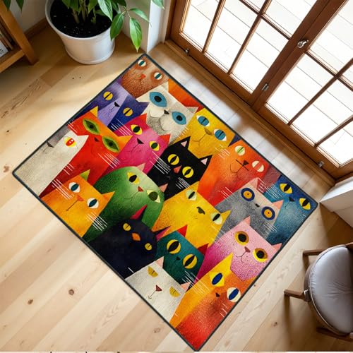 CRYSLOVE Tapis Floral Vintage, Motif Fleurs Colorées Rouge et Bleu, 60x90cm, Doux et Résistant, Déco Salon Chambre (Chat de Dessin animé)