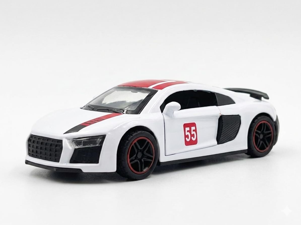 AudiiiR8 Die-Cast Metal Model Car, White with Red Racing Stripes