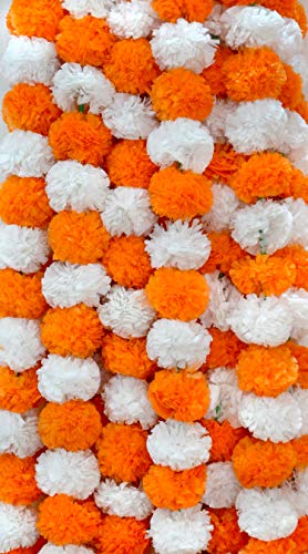 DECORATION CRAFT Pack of 5 Artificial Dark Orange and White Marigold Flower Garlands 5 Feet Long for Parties Indian Weddings Indian Theme Decorations Home Decoration Photo Prop Diwali Indian Festival