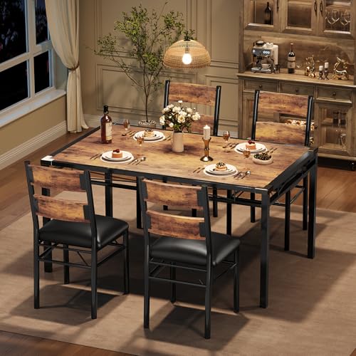 GarveeHome Dining Table Set for 4, Dining Room Table Set for 4 with Upholstered Chairs, Wood Kitchen Table Chairs Set of 4 with Corner Protector for Small Space, Kitchen, Apartment, Rustic B
