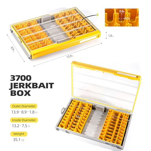 Image of RUNCL 3700 Jerkbait Box, Waterproof Floating Lure Storage Box with Adjustable Dividers, Clear Rust-Proof Utility Tray for Terminal Tackle, Hooks and Sinkers