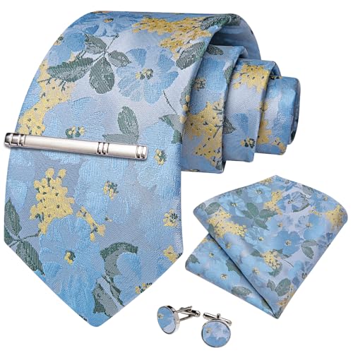 Image of DiBanGu Silk Floral Ties for Men Woven Paisley Necktie and Tie Clip Handkerchief Cufflinks Set for Party Wedding