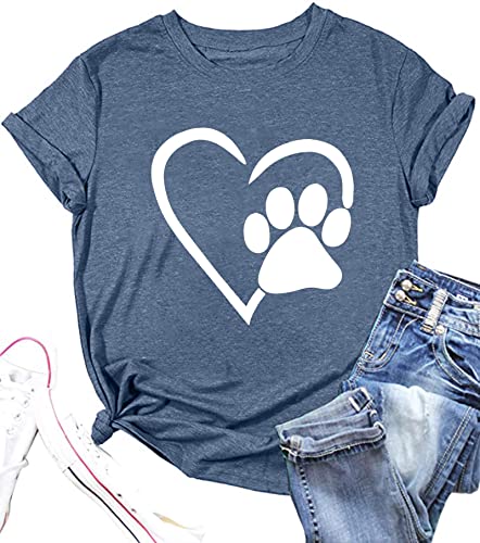 Paw Love Shirt Dog Lover Shirts for Women Paw Print Heart Tee Shirt Cute Dog Mom Short Sleeve Tee Tops Grey