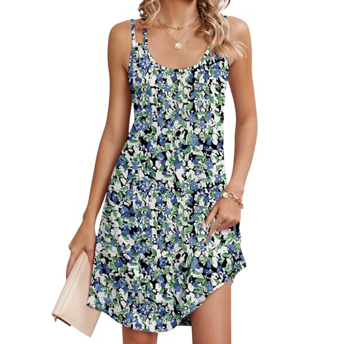 Chicrise Sommerkleid Damen Spaghettiträger Rundhals A Linie Strandkleid Luftig Ärmellos Locker Casual Knielang Midikleid Blau Weiß Blumenmuster...