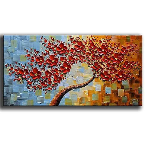 YaSheng Art- hand painted Contemporary Art Oil Painting On Canvas Texture Palette Knife 3D Red Flowers Tree Paintings Abstract Art Home Modern Bedroom Dining Room Living Room Wall Art Decor 20x40inch Cover