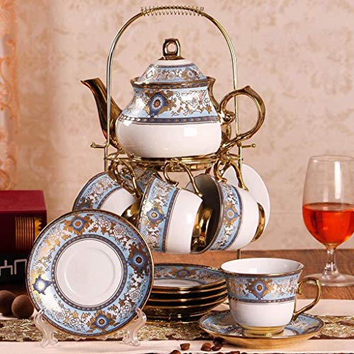 SXLCKJ Juego de té de café, 14 Piezas, Estante de Metal, Tetera, Olla de azúcar, Taza, platillo, Regalo de Cocina… - Imagen 3