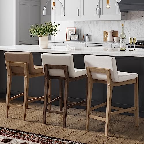 Nathan James Gracie Modern Counter Height Bar Stool With Back, Counter Stool Upholstered Chair With Natural Flax White Fabric And Brushed Light Brown Wooden Legs, Natural Flax/Brown #TOP6