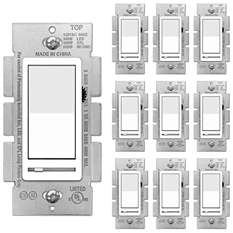 BESTTEN 10 Pack Dimmer Light Switch, Single Pole or 3-Way, Slide Dimmer Switches, Compatible with Dimmable LED, CFL, Incandescent and Halogen Bulb, Neutral Wire Not Required, 120VAC, UL Listed, White Cover