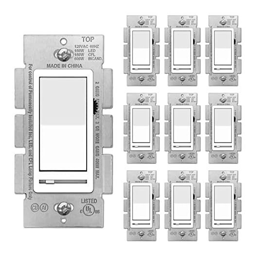 [10 Pack] BESTTEN Dimmer Wall Light Switch, Single Pole or 3-Way, Compatible with Dimmable LED, CFL, Incandescent and Halogen Bulb, 120VAC, UL Listed