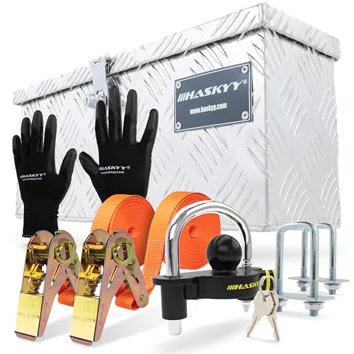 Aluminium Box Satz 485x140x200 mm inkl. 2x Spanngurte mit Ratsche 5m*27mm 400-800 daN, Anhängerschloss Diebstahlschutz & schwarze Handschuhe...