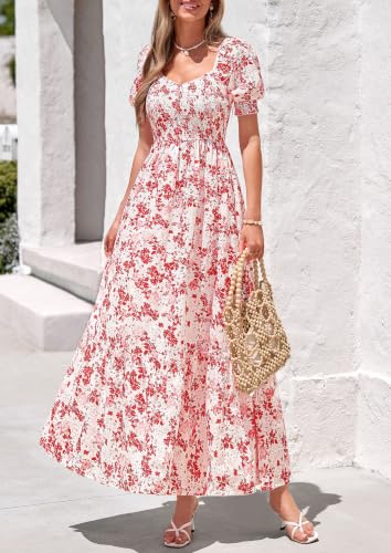 Image of PRETTYGARDEN Women's Summer Floral Boho Eyelet Flowy Maxi Dresses | Embroidered,Hollow Out,Sweetheart Neck,Lantern Short Sleeve,Smocked Pockets,Fit and Flare,Swing Long,Beach Vacation Clothes