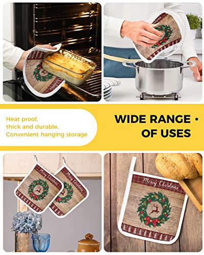 Pot Holder Set Of 2 Christmas Pine Cone Balls On Wreath Reindeer Potholder Heat Proof Non-Slip Pot Holders,Retro Lattice Wooden Plank Hot Pads Potholders For Kitchen Cooking Baking Bbq #TOP4