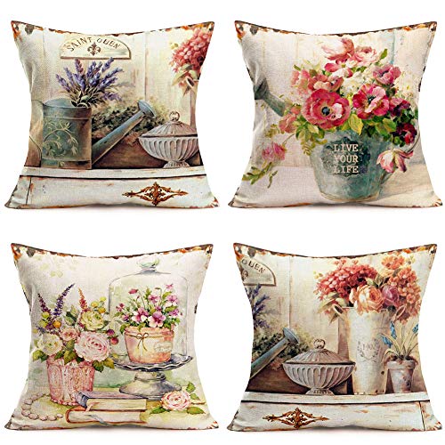 Tlovudori 4Pack Outdoor Spring Summer Floral Throw Pillow Cover European Vintage Hydrangea Flower Bouquet Blossom Botany Petals Cotton Linen Pillow Cover Home Sofa Pillow Case 18”X18” (Po-Retro) #TOP21
