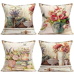 4Pack Outdoor Spring Summer Floral Throw Pillow Cover European Vintage Hydrangea Flower Bouquet Blossom Botany Petals Cotton Linen Pillow Cover Home Sofa Pillow Case 18”x18” (PO-Retro)