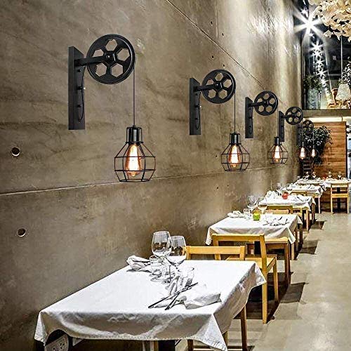 Aplique negro industrial de hierro con polea de elevación para iluminación interior retro 3