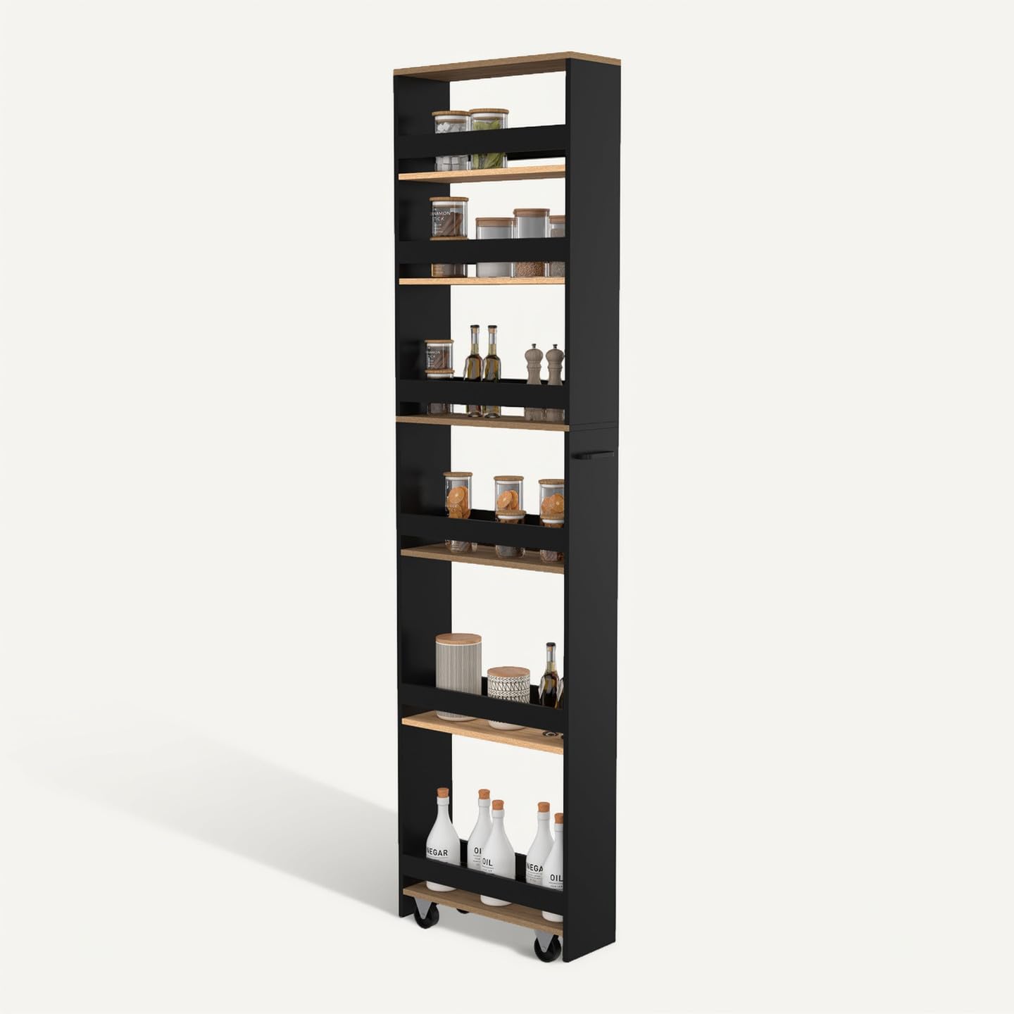 IDMarket - Platzsparender Küchenwagen HAGA, Aufbewahrungswagen mit 6 Etagen, schwarz und in Buche-Optik, H. 177 cm