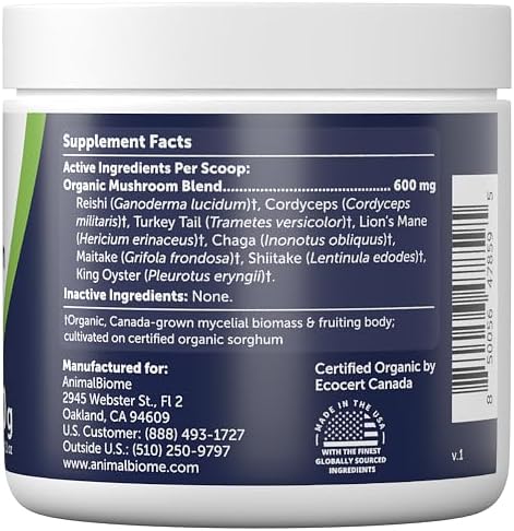 Animal Biome 8-in-1 Mushroom Supplement for Dogs & Cats 60g – Turkey Tail Mushroom, Lion’s Mane, Maitake, Shiitake, King Oyster & Chaga Blend – Organic Mushroom Immune & Wellness Support Pet Formula