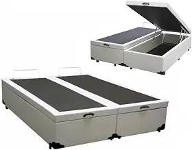 Cama Báu Box Base Queen Bipartido Corino Blindado com Pistão a Gás. (Branco)