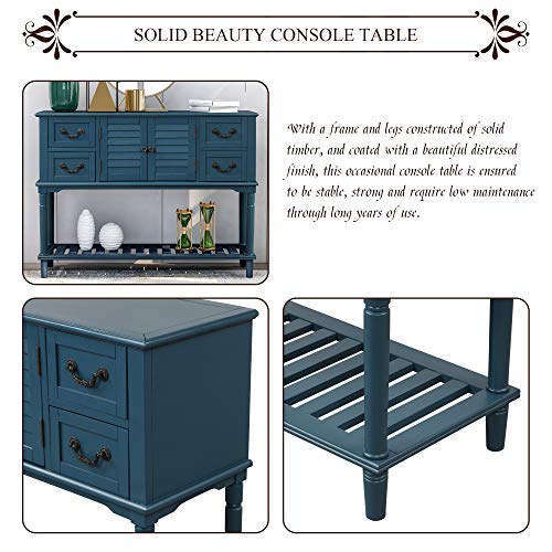 Console Table Sideboard for Entryway Sofa Table with Shutter Doors and 4 Storage Drawers for Living Room Aisle Bathroom Farmhouse Hallway, Retro Entryway Table Easy Assemble (Antique Navy)