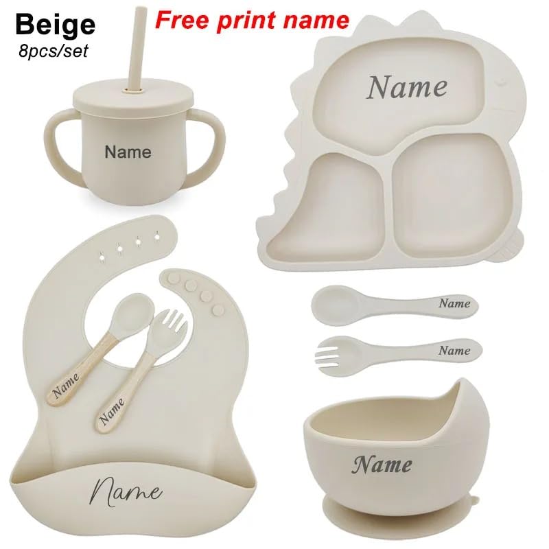 Personalized Baby Name Dinosaur Feeding Set 8Pcs, Custom Name Baby Silicone Weaning Set, Feeding Set With Name BPA Free