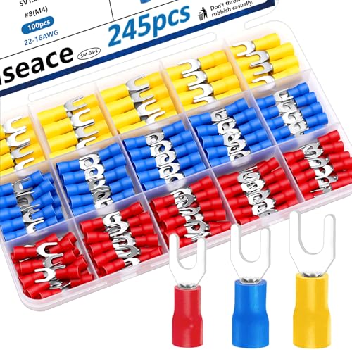 smseace 245PCS #8 Fork Spade Wire Connectors - 22-16/16-14/12-10 AWG M4 U-Type Electrical Crimp Terminals Tinned Red Copperctors Pack in Box