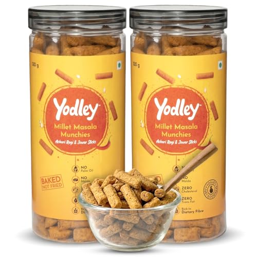 Image of Yodley Millet Masala Munchies - Tangy Achari Flavour - Pack Of 2 | Baked, Not Fried | No Maida, No Palm Oil | Zero Cholesterol | Zero Trans Fat & High In Fiber | Calcium & Iron Rich | Healthy Indian Snack - 150gm