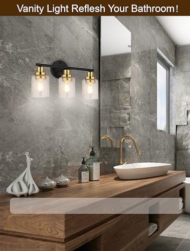 Image of Ldeco 3 Light Vanity Lights for Bathroom,Black and Gold Bathroom Light Fixture with Clear Bubble Glass Shade,Modern Wall Sconce Lights for Mirror,Bedroom,Living Room,Hallway Cabinet Porch,E26 Base