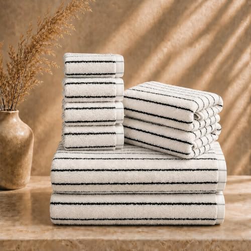 OIJIB 8 Pack Large Bath Towel Set, Cotton Striped Bath Towels for Bathroom, Black and White Bathroom Decor, 2 Bath 1.2 lb, 2 Hand Towels, 4 washcloths