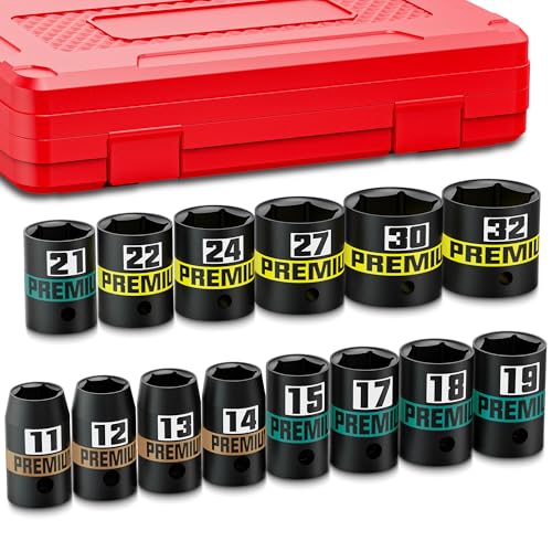 KIRXST 14-Piece 1/2" Drive Shallow Impact Socket Set, 11-32mm, Semi-Deep Sockets, CR-V, Socket Set for Automotive and Home, Metric, 6 Point