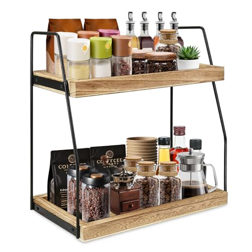 Sythrix Coffee Station Organiser for Countertop 2 Tier Wood & Metal Kitchen Shelf Coffee Bar Accessories Organiser with Spice Rack Space Saving for Kitchen Home & Office