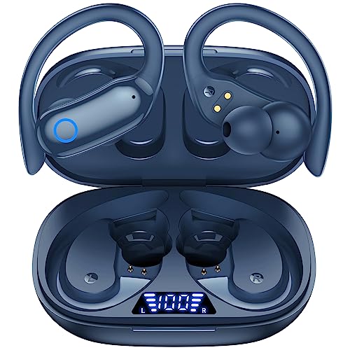 GNMN Auriculares Bluetooth inalámbricos 80 horas de reproducción IPX7, impermeables, auriculares estéreo con ganchos para los oídos, micrófono, pantalla LED de batería, para deportes, entrenamiento,