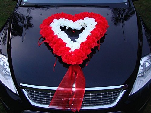 FEST HERZE Auto Schmuck Braut Paar Rose Deko Dekoration Autoschmuck Hochzeit Car Auto Wedding Deko Kirche Haus Halle PKW (Rot/Weiß)