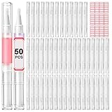 DupakSYS Nail Oil Pen 50Pcs 3ml Empty Cuticle Oil Pen Travel Transparent Twist Pens with Brush Tip for Nail Oil, Eyelash Growth Liquid Tube, Cosmetic Lip Gloss Container Applicators + 72pcs Label