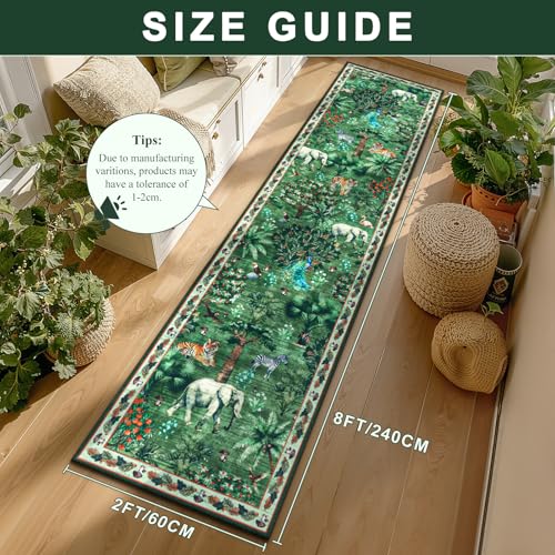 Yamaziot Hallway Runner Rug 2x8 – Jungle Animal Print Linen Rug with Non Slip Backing, Low Pile Washable Distressed Boho Carpet for Indoor Outdoor Rug, Kitchen, Bedroom, Entrance, Forest Green — view 2