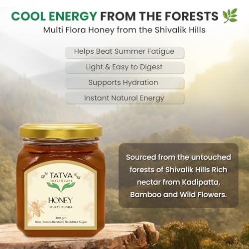 Image of Raw Multi Flora Honey 300g | Glass Jar | Free Wooden Dipper | NMR Tested & Pure | Unprocessed & Unpasteurized | Healthy Sugar Alternative | Shivalik Hills | Tatva Healthcare