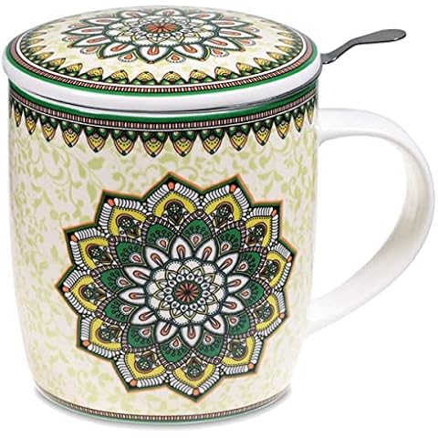 Juego de regalo con taza de mandala verde de 400 cl, tapa e infusor inoxidable, de porcelana de ceniza de hueso Cover