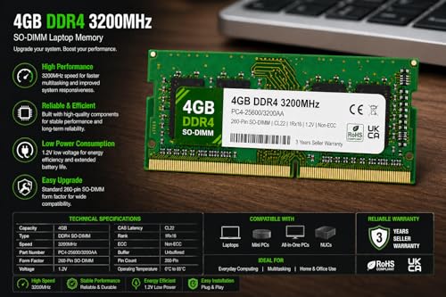 Image of 4GB DDR4 3200MHz OEM Laptop RAM Compatible with Samsung [Key Specs: PC4-25600 /3200AA | 260-Pin SO-DIMM | CL22 | 1Rx16 | 1.2V | Non-ECC] | 3 Years Seller Warranty