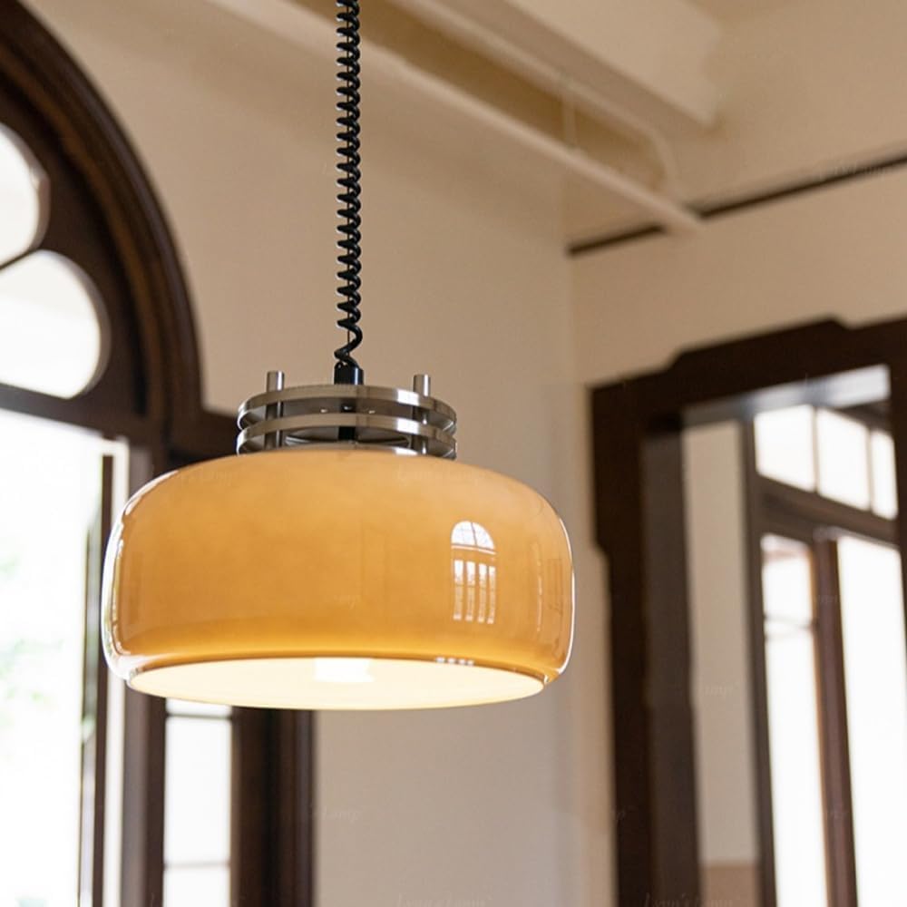 LLXDFUU Durable Nordic Medieval Amber Glass Pendant Light Retractable Wabi Sabi Style Ceiling Hanging Lamp Solid Wood Restaurant Pendant Lamp Retro Kitchen Island Chandelier For Bedroom Bedside Study