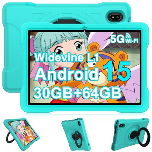 Image of Kids Tablet 10 Inch Android 15 Tablets, 30GB RAM 64GB ROM 1TB Expand, Octa-Core Tablet with Gemini AI, 6000mAh, 5G WiFi, HD IPS Display, Widevine L1, Parental Control, Drop-Proof EVA Case - Green