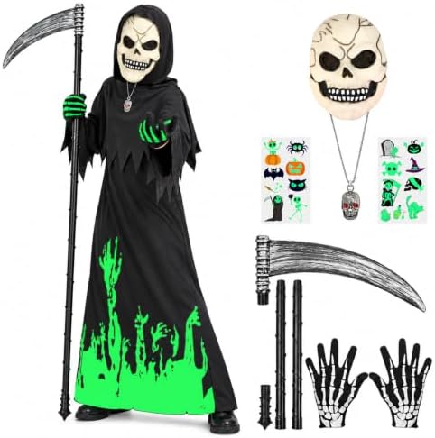 Haozozo Halloween Karneval Sensenmann Kostüm Kinder mit Dunkel Leuchtendem Jumpsuits, Dunkel Leuchtender Latexmaske, Handschuhen und Sense