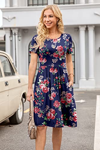 Image of DB MOON Women Summer Casual Short Sleeve Dresses Empire Waist Dress with Pockets