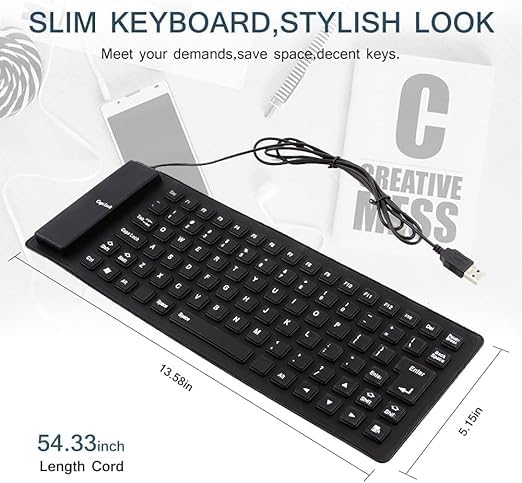 Image of Kian Foldable Silicone Keyboard, USB Waterproof Travel Gaming Wired Keypad, Rollup Wired Folding Keyboard Compatible with Windows, PC, Laptop, Mac Notebook Full Size (Black) (Pack of 1)